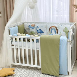 14-tlg Babybett Komplettset Bettwäscheset mit Umrandung 'Dino' 100% Baumwolle