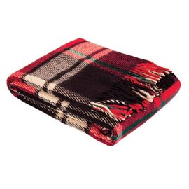 Tartan-Wolldecke aus 100 % reiner Wolle – Karomuster in Rot, Schwarz, Creme & Grün, 140×200 cm mit Fransen