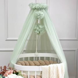 Olivgrüner Babybetthimmel mit Pompons 9m