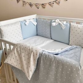 Babybett Komplettset SHINE Baby-Baumwoll-Bettwäsche-Set mit Bettumrandung-Kissen, Blau 17-tlg