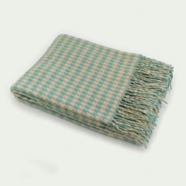 Decke aus 100% Merinowolle, Türkis & Creme-Muster, 140x200cm - Kuscheldecke, warm & weich, fürs Sofa & Bett, mit Fransen, Naturfaser