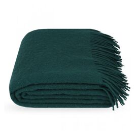 Dunkelgrüne Kuscheldecke aus 100% Schurwolle – großes Sofa-Plaid mit Fransen, 140x200 cm