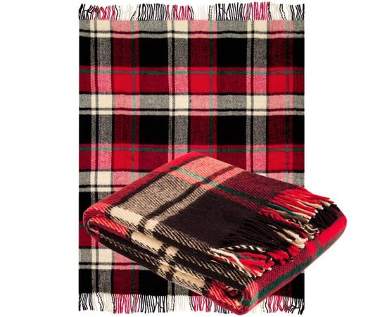 Tartan-Wolldecke aus 100 % reiner Wolle – Karomuster in Rot, Schwarz, Creme & Grün, 140×200 cm mit Fransen, Foto 2
