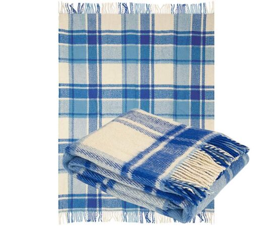 Tartan-Wolldecke aus 100 % reiner Wolle – Karomuster in Blau & Creme, 140×200 cm mit Fransen, Foto 2
