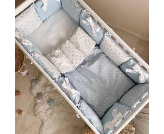 Babybett Komplettset SHINE Baby-Baumwoll-Bettwäsche-Set mit Bettumrandung-Kissen, Blau 17-tlg, Foto 2