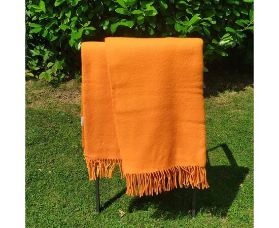 100% Schafwolldecke Orange solide einfarbig warm und gemütlich extra hochwertige Sofa Überwurf Gartendecke mit Fransen, Foto 5